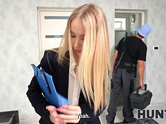 Sexy blonde in uniform gets pounded hard by agent's big cock in POV action