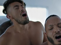 Black bulls fuck white gay in missionary threesome