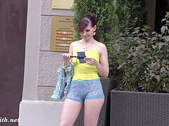 Jeny Smith struts in transparent shorts in public. Authentic showcasing scenes