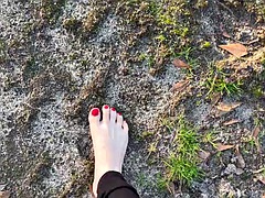 Sexy Feet Woman Barefoot Outdoors Walking Dirty Soles Red Nails Foot Fetish No Talking