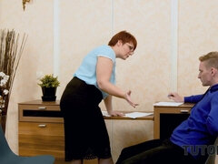 Redhead tutor with short hair gets angry with her angry student in 4K stockings