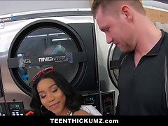 Amateur ebony teenie thickum fucked by milky guy stranger in laundromat