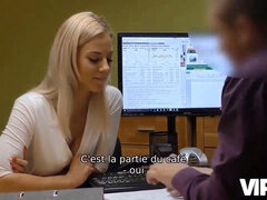 Naughty blonde MILF nathaly heaven trades sex for cash in the office