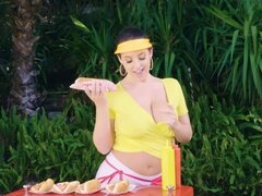 Amazing MILF Angela White makes hot dogs and becomes horny