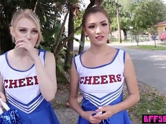 Watch these teen cheerleaders take turns pounding their coach's massive rod