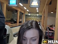Dark haired cheats on her boyfriend for currency at a bowling place