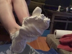 Size 7 feet covered in sticky marshmallow fluff receive a messy facial