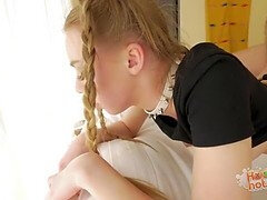 Abi Grace, the blonde schoolgirl with pigtails, gets roughed up hard and fast