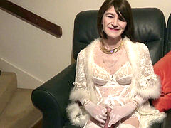 Sophie London: deepthroating spear in white stocking and lingerie