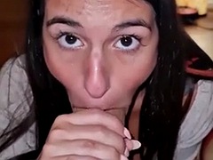 POV blowjob and swallowing - brunette beauty