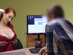 Red haired woman is getting fucked during a job interview, because she wants the job badly