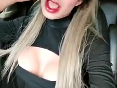 Shemale shows off her body in the car to fans on camera for losing a bet