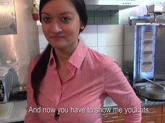 Worker of burger joint gives rich stranger blowjob right at work