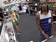 Pawn shop slut fucked by owner while her black boyfriend watches