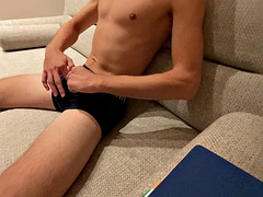 Teen boy shaved smooth small dick and got huge cum with a moan. Boy cummed in a week