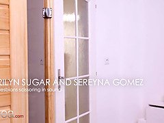 Petite Czech teen and Marilyn Sugar share sauna session with pussy licking and eating