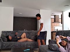 This horny mature masturbates on the couch while her stepdaughter is distracted part 2 my stepson surprises me and i say hi