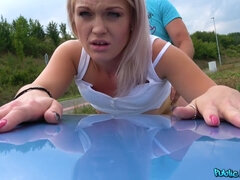 Blondie sits down on erected dick at the parking lot