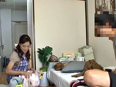 Hot japanese female maid service in student boy room ends with asian sex