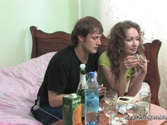 Russian drunk mature Kira Fucks in stockings with younger guy