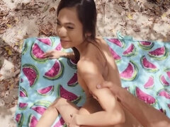 Skinny Asian babe enjoys sex with boyfriend in the forest