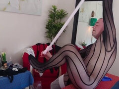 Crossdresser plays with her hard cock in naughty nylon lingerie