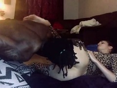 Hot white girl in leopard outfit gets fucked by black guy from behind