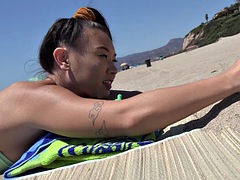 Backstage having fun on the beach while Kimmy Kimm gives a blowjob