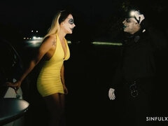 Angie Lynx and Aaron Rock get naughty in a Halloween-themed interracial fuckfest