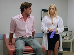 Blonde doctor sucks patient cock and fucks on the exam table