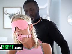 Kinky slim blonde gets bound up with straps & blinded by home invader with mask and fucked