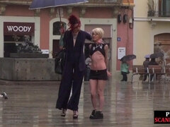 Public perverted naked bitch seduced by BDSM lady outdoo