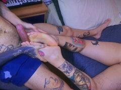 Tattooed stepmom indulges in kinky foot fetish play with her stepson, getting her big ass worshiped and toes covered in cum.