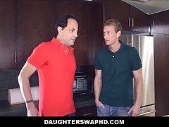 Stepdad and stepdaughter swap daughters and share a huge dick