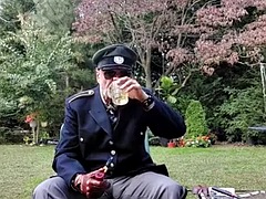 Military officer loves to smoke a pipe and cum