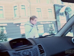 Blonde teen gets rough handjob from bartender in car for cash