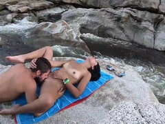 Female Orgasm And Facial In The Cree - Mature brunette fucked outdoors by the ocean