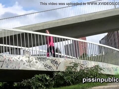 Watch these girls take a public piss and get their big asses slammed in high heels