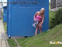Watch this desperate teen get caught peeing in public and get punished with a hard fuck