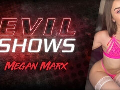 Great-looking brunette Megan Marx opens her wet pussy