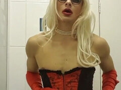 Blonde Jessica Giving a Little Tease, Feeling Horny Black Red Corset, Stockings, 6 Strap Suspenders, Lace Underwear