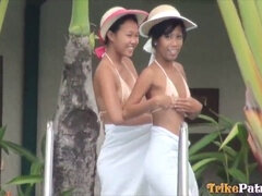 Asiatisk, Avsugning, Sperma i munnen, Ansiktsbehandling, Filippinsk kvinna, Pool, Trekant, Tuttar