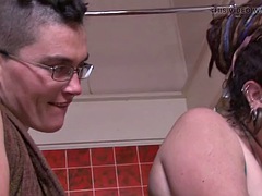 Hairy hippie lesbians pleasure each other in the bathroom