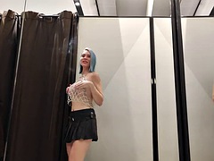 Masturbation in a shopping mall fitting room. I try on wearing transparent clothes in the fitting room and masturbate.
