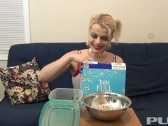 Sexy Nadia eats cereal filled with sexy soldiers