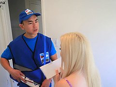 Unemployed Blonde Bimbo Gets Offers By Banging Asian Mailman