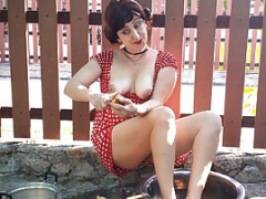 Retro maid prepares potatoes for dinner. Vintage performance.  Vintage maid have no panties. Self-satisfaction outdoors. complete