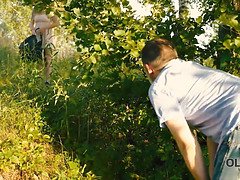 Alexis Fox seduces an old man with her busty body and gets caught jerking off in the greenery