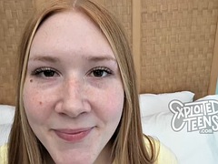 Redhead teen with freckles and red pubic hair sucks cock