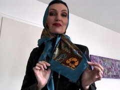 Stylish JOI session with Victoria Valente in a satin headscarf and leather jacket